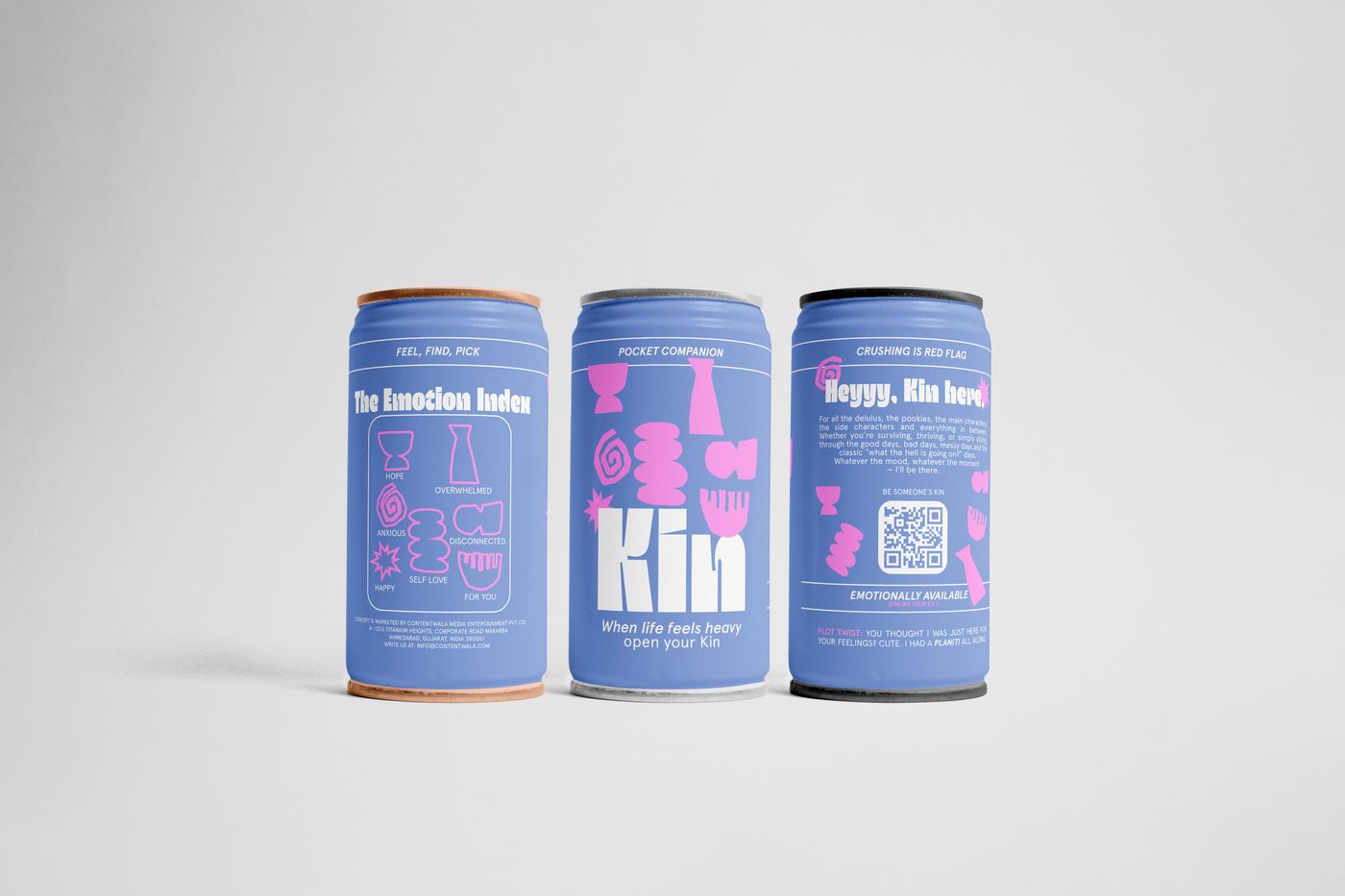 Three KIN cans showing Emotion Index, Kin Hero logo and Heyyy Kin here letter